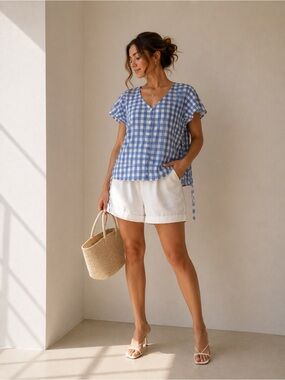 Belle Sky Blue & White Gingham Button-Down Top